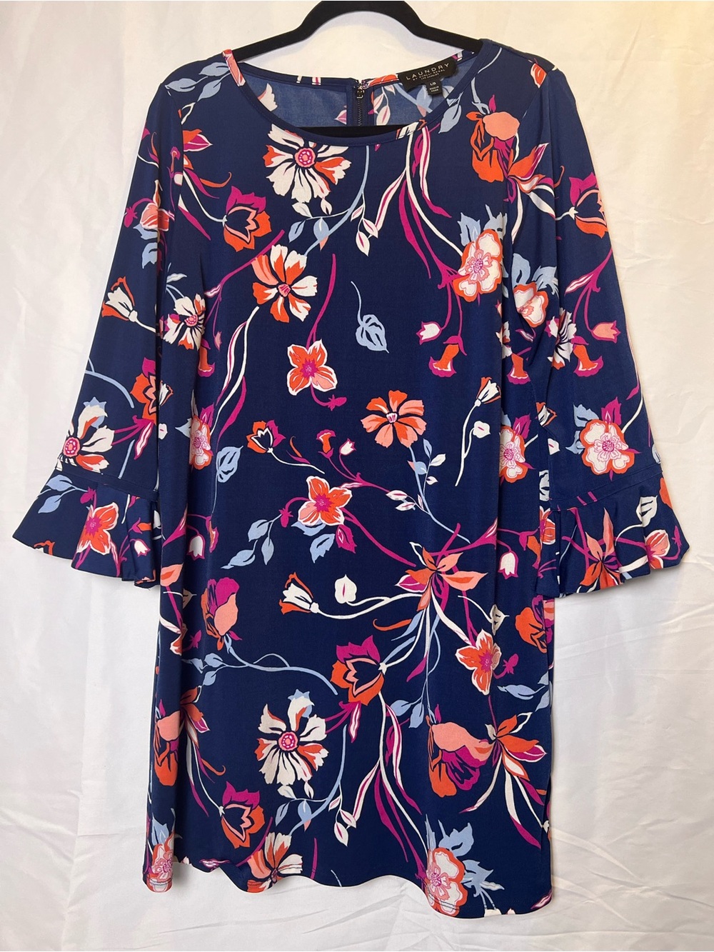 Laundry by Shelli Segal Navy Blue Floral Bell Sleeve Shift Dress - Size Large